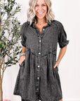 Women Ruffled Short Sleeve Buttoned Denim Dress