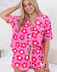 Women Flower Print Short Sleeve Shirt Pajamas Set