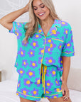 Women Flower Print Short Sleeve Shirt Pajamas Set