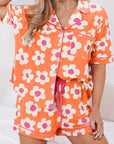 Women Flower Print Short Sleeve Shirt Pajamas Set