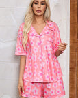 Women Flower Print Short Sleeve Shirt Pajamas Set