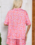 Women Flower Print Short Sleeve Shirt Pajamas Set