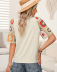 Women Turquoise Floral Crochet Short Sleeve Top