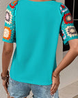 Women Turquoise Floral Crochet Short Sleeve Top