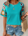 Women Turquoise Floral Crochet Short Sleeve Top