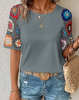 Women Turquoise Floral Crochet Short Sleeve Top