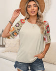 Women Turquoise Floral Crochet Short Sleeve Top