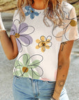 Women Flower Print Casual Round Neck T Shirt