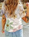 Women Flower Print Casual Round Neck T Shirt