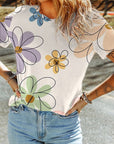 Women Flower Print Casual Round Neck T Shirt