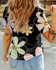 Women Flower Print Casual Round Neck T Shirt