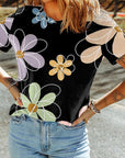 Women Flower Print Casual Round Neck T Shirt