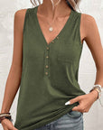 Women Half Button V Neck Patched Pocket Tank Top