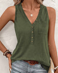 Women Half Button V Neck Patched Pocket Tank Top