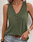 Women Half Button V Neck Patched Pocket Tank Top