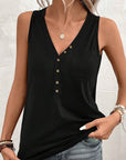 Women Half Button V Neck Patched Pocket Tank Top