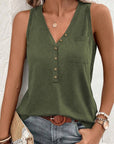 Women Half Button V Neck Patched Pocket Tank Top