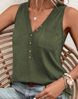 Women Half Button V Neck Patched Pocket Tank Top