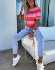 Women Pink Colorblock Striped Knitted T shirt