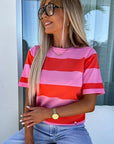 Women Pink Colorblock Striped Knitted T shirt