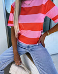 Women Pink Colorblock Striped Knitted T shirt