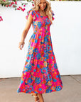 Women Boho Floral V Neck Ruffle Tiered Long Dress