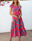 Women Boho Floral V Neck Ruffle Tiered Long Dress