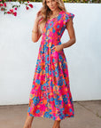 Women Boho Floral V Neck Ruffle Tiered Long Dress