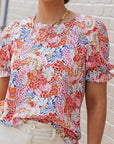 Women Mix Floral Pattern Bubble Sleeve Blouse