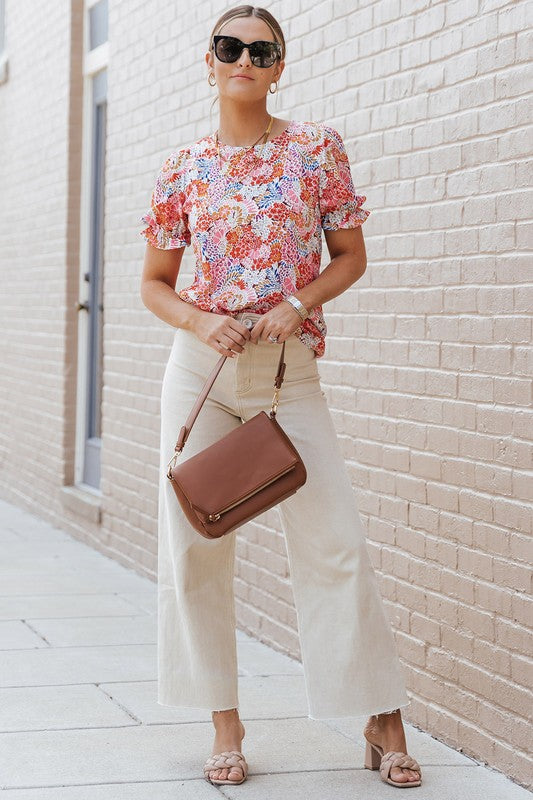 Women Mix Floral Pattern Bubble Sleeve Blouse