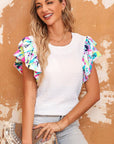 Women Voluminous Printed Puff Sleeve Textured Top