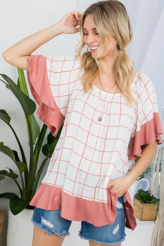 e Luna PLUS Plaid Mix Ruffle Peasant Top