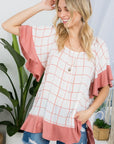 e Luna PLUS Plaid Mix Ruffle Peasant Top