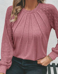 Women Lace Raglan Sleeve Plicate Round Neck Top