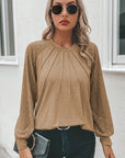 Women Lace Raglan Sleeve Plicate Round Neck Top