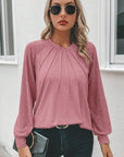 Women Lace Raglan Sleeve Plicate Round Neck Top