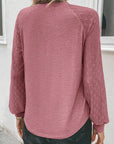 Women Lace Raglan Sleeve Plicate Round Neck Top