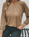 Women Lace Raglan Sleeve Plicate Round Neck Top