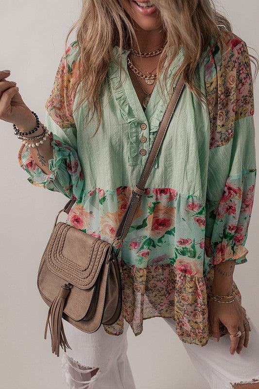 Women Floral Patchwork Frilled Split Neck Blouse