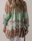 Women Floral Patchwork Frilled Split Neck Blouse