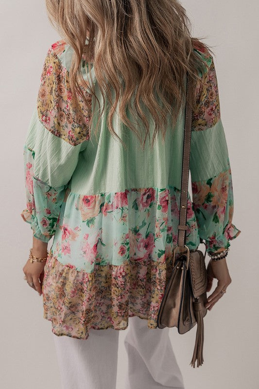 Women Floral Patchwork Frilled Split Neck Blouse