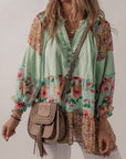 Women Floral Patchwork Frilled Split Neck Blouse