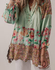 Women Floral Patchwork Frilled Split Neck Blouse