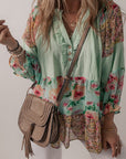 Women Floral Patchwork Frilled Split Neck Blouse