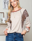 Women Leopard Patchwork Exposed Pullover Top