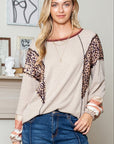 Women Leopard Patchwork Exposed Pullover Top