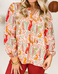 Women Printed Split V Neck Puff Sleeve Blouse