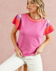 Contrast Sleeve Striped Round Neck Knitted Tee