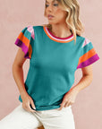 Contrast Sleeve Striped Round Neck Knitted Tee