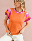 Contrast Sleeve Striped Round Neck Knitted Tee